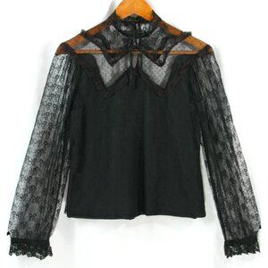 Vintage Handmade High Neck Lace Peasant Blouse Black S 1970s Whimsigoth Goth